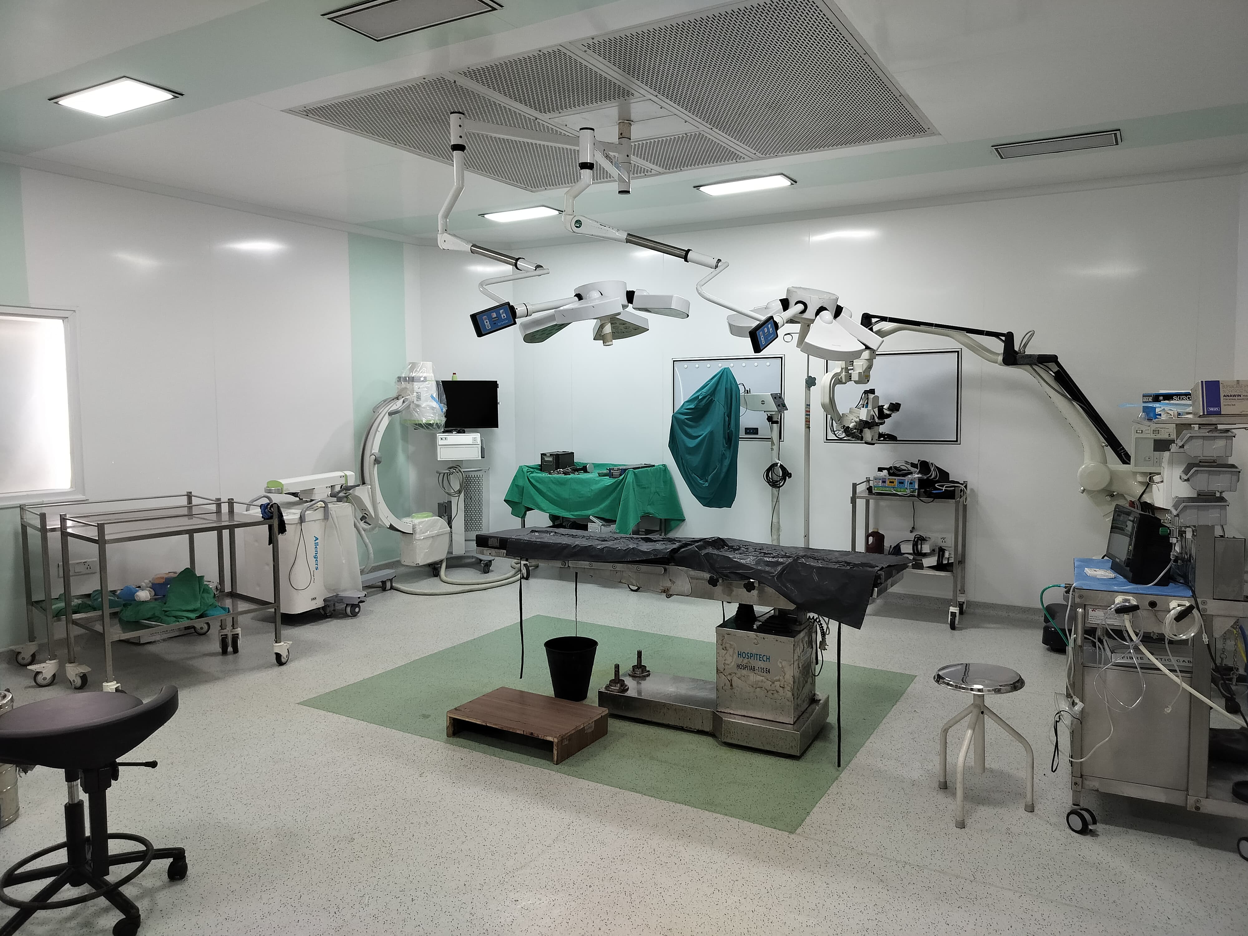 Large surgical equipment and operating theatre photographed inside Mamta Hospital